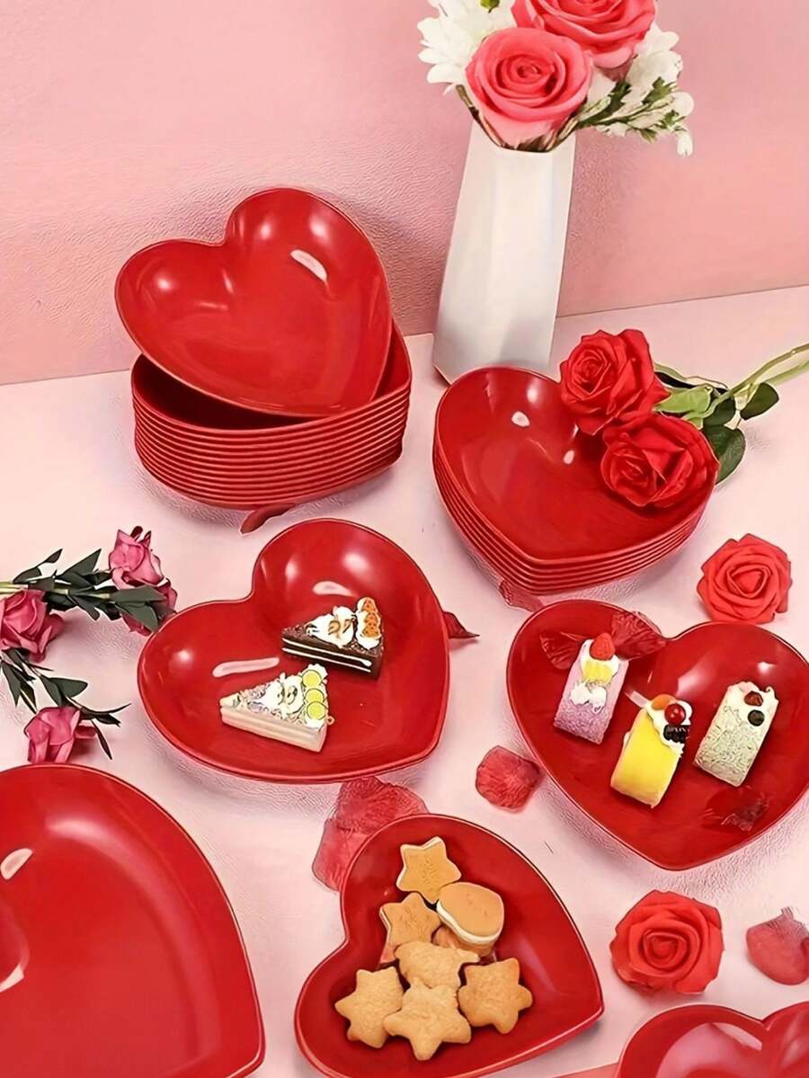 6pcs Heart-Shaped Plates, Valentine's Day Heart-Shaped Bowls, Heart-Shaped Wheat Straw Small Snack, Dessert, Salad Plates, Dinner Appetizer, Sauce, Dip Plates, Suitable For Valentine's Day, Birthday, Bridal Shower Gifts (Red) - Burgundy - View 1