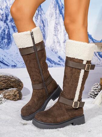 Women's Tall Boots, New Autumn/Winter Warm Plush Snow Boots, Casual Versatile Leather Buckle Cold-Resistant Winter Shoes, Western Style Side Zipper Buckle Holiday Tall Boots,Fur Boots