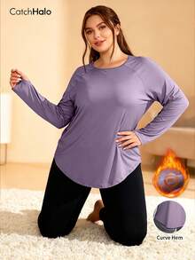 Top de yoga de manga larga para mujer talla grande, diseño de manga raglán, dobladillo curvo, ajuste holgado, suave & cómodo, adecuado para fitness & deportes de ocio en invierno - Púrpura malva - Ver 2