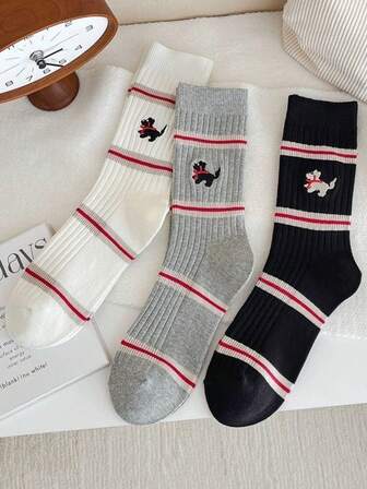 3 pares de calcetines de tripulación únicos y de moda casual con estampado de rayas y bordado de perrito, estilo coreano