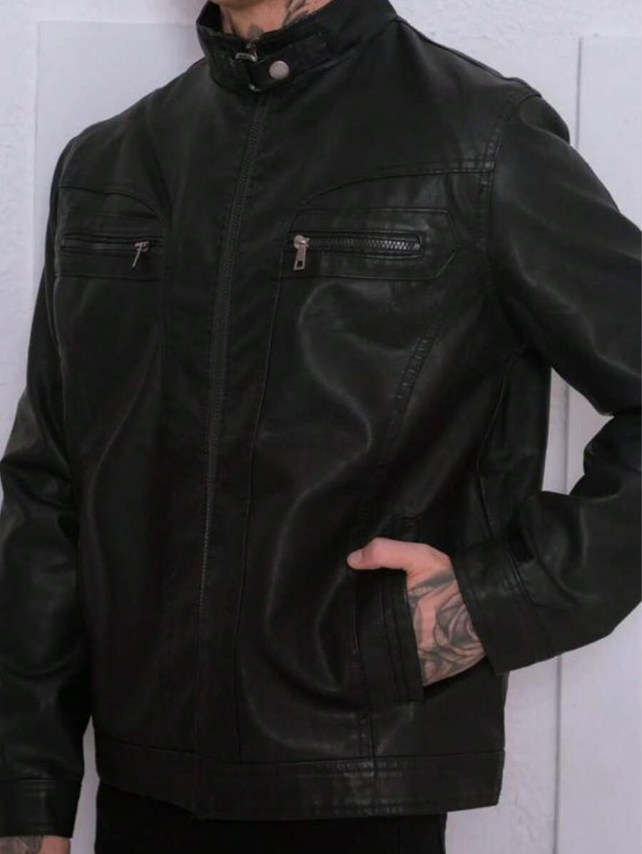 Men's Black Leather Motorcycle Jacket With Zipper - 黑色 - 查看 1