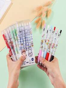 6pcs/Box Cartoon Design Retractable Ballpoint Pens, Black Ink, Cute Stationery For Students & Office Use - Multicolor - View 1
