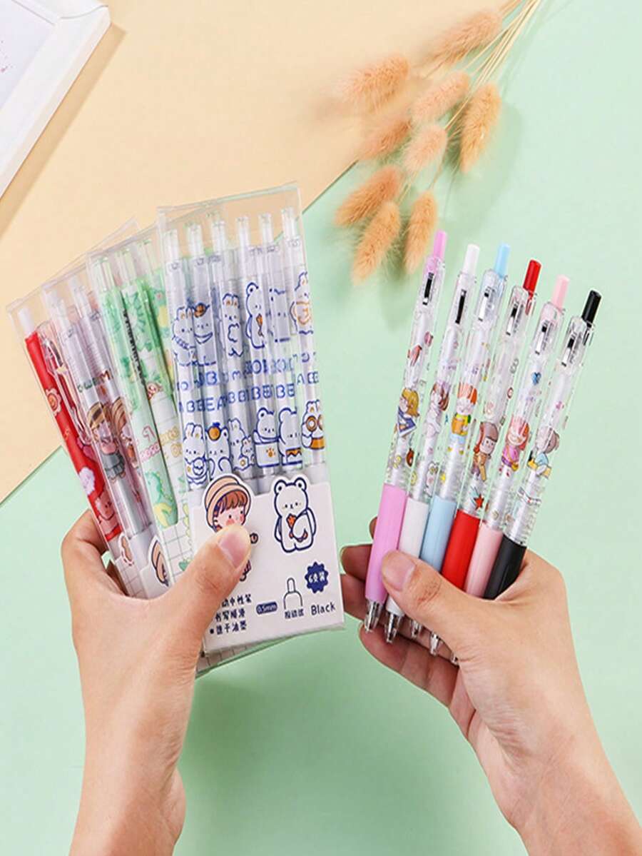 6pcs/Box Cartoon Design Retractable Ballpoint Pens, Black Ink, Cute Stationery For Students & Office Use - Multicolor - View 1