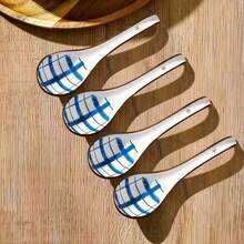 4/5件套亚洲陶瓷勺，长柄，易握，底部防滑，适用于日式拉面、中式和越南面条汤、意面等。