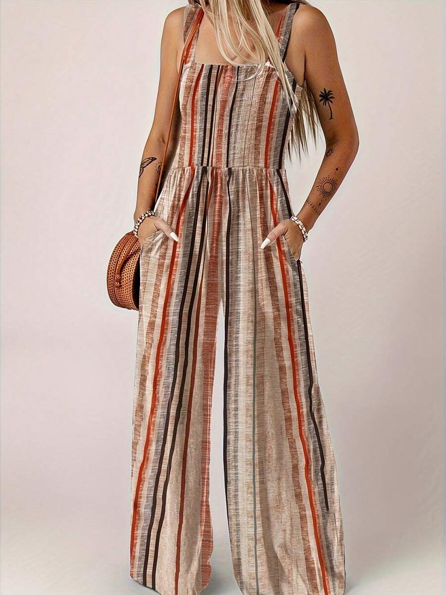 Comfortable Sleeveless Knit Jumpsuit, Wide Leg Design With Pockets, Spring/Summer - Dusty Pink - View 1