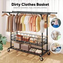 Heavy Duty Clothes Rack Load 625 LBS Clothing Rack For Hanging Clothes Adjustable Black Double Rod With Metal Basket Portable Rolling Garment Rack With Wheels For Bedroom Laundry Room - 黑色 - 查看 4
