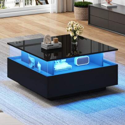 Nowoczesna Hochglanz-LED-Couchtisch Kaffeetisch 70*70*41cm mit 2 Schubladen i przezroczysta prezentacjasbereich – waga do 30 kg, idealna do stylowego Wohnzimmera