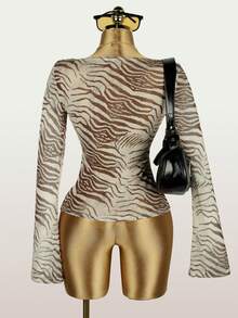 FQLWL Summer Street Fashion Tiger Striped Print Long Sleeve Mesh Top, Retro Women For School, Birthday Spring - Coffee Brown - View 6