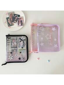 1本INS时尚明星六孔PVC活页笔记本，透明闪光拉链边日记本/相册，偶像卡片收藏册，学生用六孔偶像卡片相册 - 彩色 - 查看 6