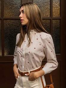 Áo sơ mi dài tay họa tiết trái tim đỏ và sọc trắng dành cho nữ, trang phục thường ngày và công sở, xuân/hè - Nhiều màu - Xem 4