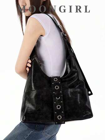 Retro punk-stil vaxad lädertexturerad svart tote-väska, Y2K Hot Girl-stil nitad axelväska, stor kapacitet för pendling och mångsidig armhålsväska