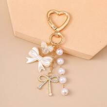 Elegant Women's Bow Keychain With Heart & Bow Charm – Macaron Pink & Paisley Pattern, Gold Tone Snap Hook, Delicate Daily Accessory For Handbags, Backpacks, Gifts – Multifunction Pendant, Comfortable Wear, Refined Boho Chic Key Ring Alternative - 金弓 - 查看 11