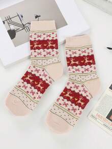 5 Pairs Of Cozy Reindeer Print Mid-Calf Socks - Warm, Thick Christmas Socks For Women, Festive Animal Design In Red, Beige, Brown, And Navy Blue, Perfect For Holiday Celebrations, Christmas Socks,Christmas Surprise Gifts,Valentine's Day Gifts, New Year's Gifts - Multicolor - View 16