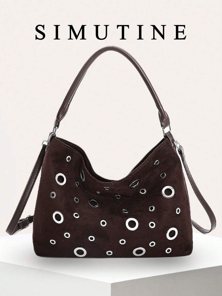 SIMUTINE 1pc New Niche Design Women's Handbag, Punk Rivet High-End Feeling Crossbody Bag, Commuting Versatile Minimalist Shoulder/Underarm Bag, PU Material, Adjustable Strap, Suitable For Daily Use, Shopping, Commuting, Work, University - Coffee - View 1
