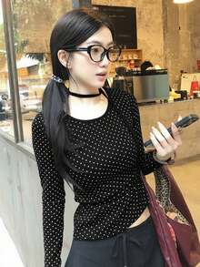 Sweet Japanese Style Polka Dot Tie Collar Long Sleeve T-Shirt, Early Autumn