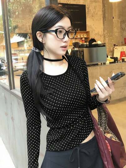 Sweet Japanese Style Polka Dot Tie Collar Long Sleeve T-Shirt, Early Autumn