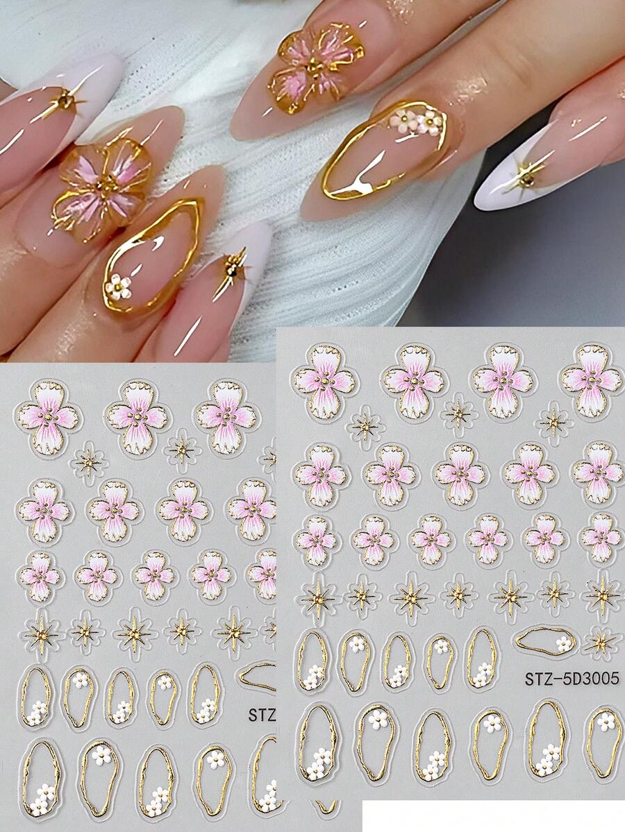 2pcs 5D Stickers For Nails Emboss Pink White Five-Petaled Flowers Gold Line Star Design Decals Slider Press On Manicure Accessories Nail Supplies Gifts For Women - Multicolor - View 1