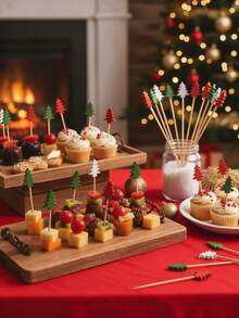 50/100pcs Christmas Tree Bamboo Picks, Christmas Decorations, Cocktail Forks, Essential For Christmas Night, Family Gathering, Fixing Burgers, Decorating Fruit Plates, Elegant Cocktail Sticks, Bamboo Fruit Skewers, Food Holidays, Appetizer Skewers, With Christmas Tree Topper - Multicolor - View 8