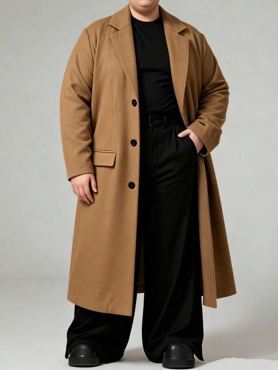 Men's Fashionable Classic Solid Color Woolen Lapel Pocket Long Sleeve Jacket, Suitable For Daily Business Casual Formal Wear, Stylish Minimalist Street Style, Commuting, New Winter Mid-Length Coat - Khaki - View 1