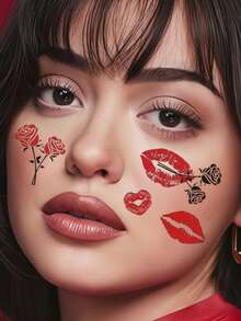 8 Sheets Kiss Tattoos Stickers With Leopard Print Rose Flowers Hearts Lip Temporary Tattoos For Women Makeup Valentine's Day Decoration Party Festival Accessories - Multicolor - View 4