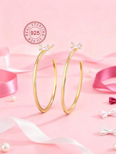 Artepollo Pendientes de aro delgados de plata de ley 925 minimalistas para niñas, pendientes de aro grandes chapados en oro de 14K con piedras de circonita, hipoalergénicos, resistentes a la decoloración, ligeros, joyería de uso diario, empaquetado en caja de regalo, regalo para días festivos