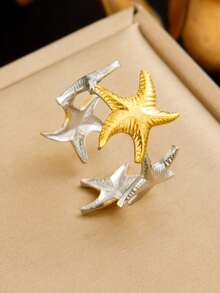 1 Fashionable And Simple Gold And Silver Dual Color Stainless Steel Multi-Element Bow, Starfish Flower, Shell Pattern, Open Mouth Women's Ring