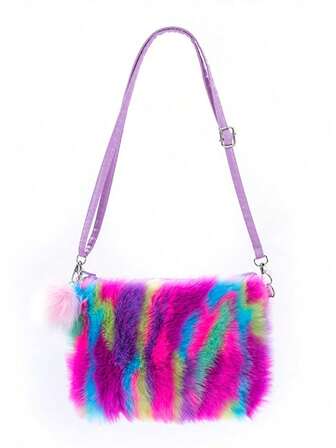 レインボー ぬいぐるみ クロスボディバッグ/子供用女の子 ふわふわクロスボディ財布 タイダイ レインボー フェイクファー ショルダーバッグ/ハンドバッグ/コインケース/バレンタインデー、新年、女の子へのギフトに最適