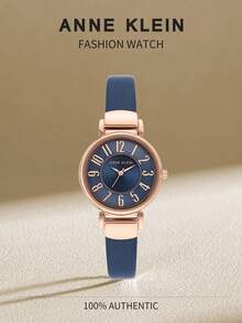 Anne Klein Easy Reader Navy Leather Strap Watch For Women, Ladies Quartz Watch With Rose Gold-Tone Hands And Easy To Read Arabic Numerals, AK/2156NVRG