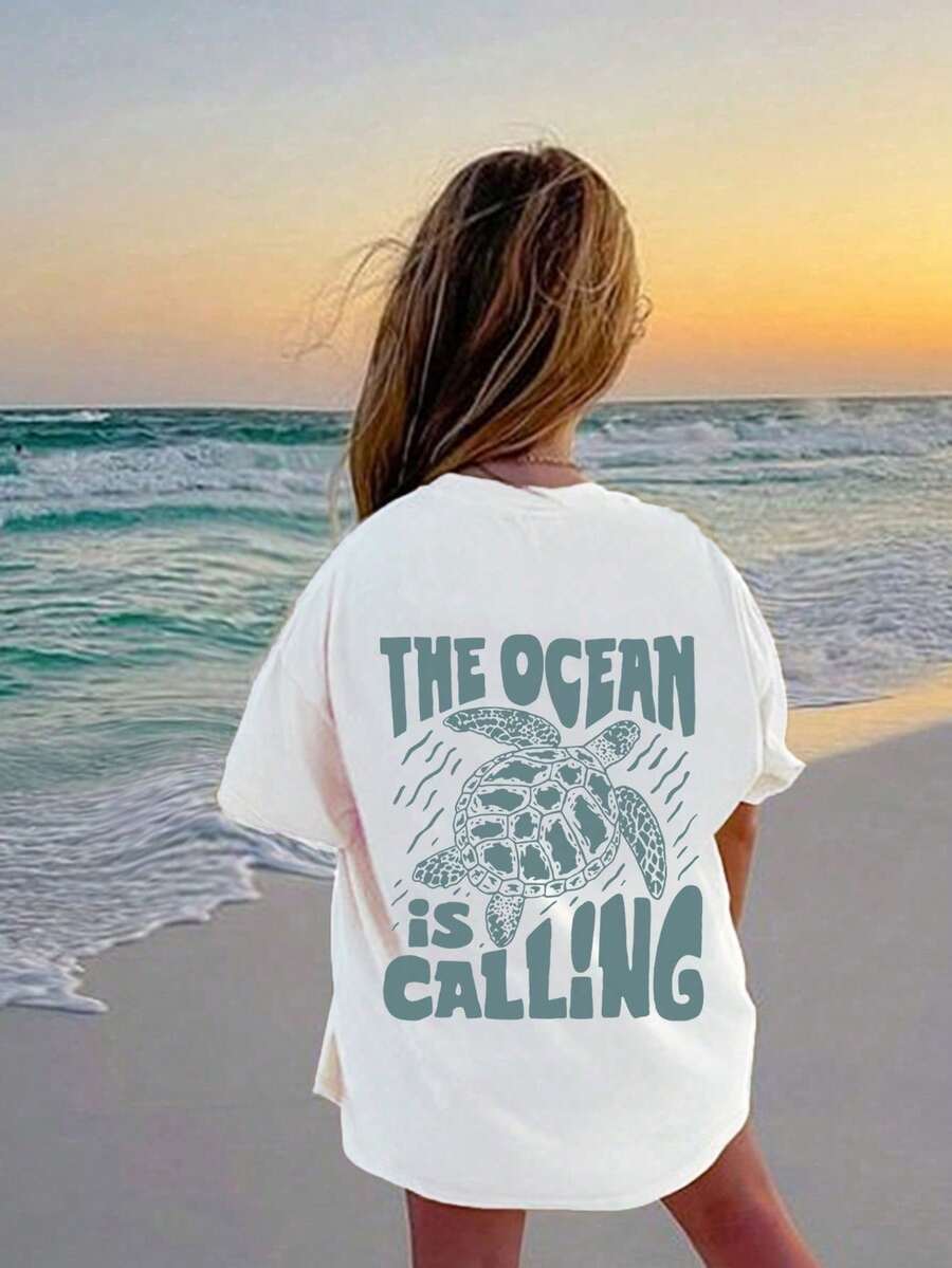 少女乌龟和字母印花圆领短袖 T 恤，休闲夏季上衣