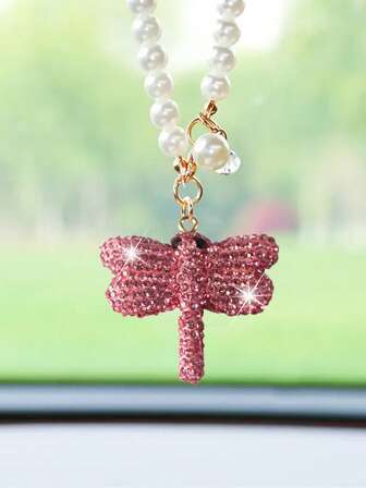 1 pieza Colgante interior de coche lleno de diamantes con libélula brillante, decoración colgante para el espejo retrovisor del coche