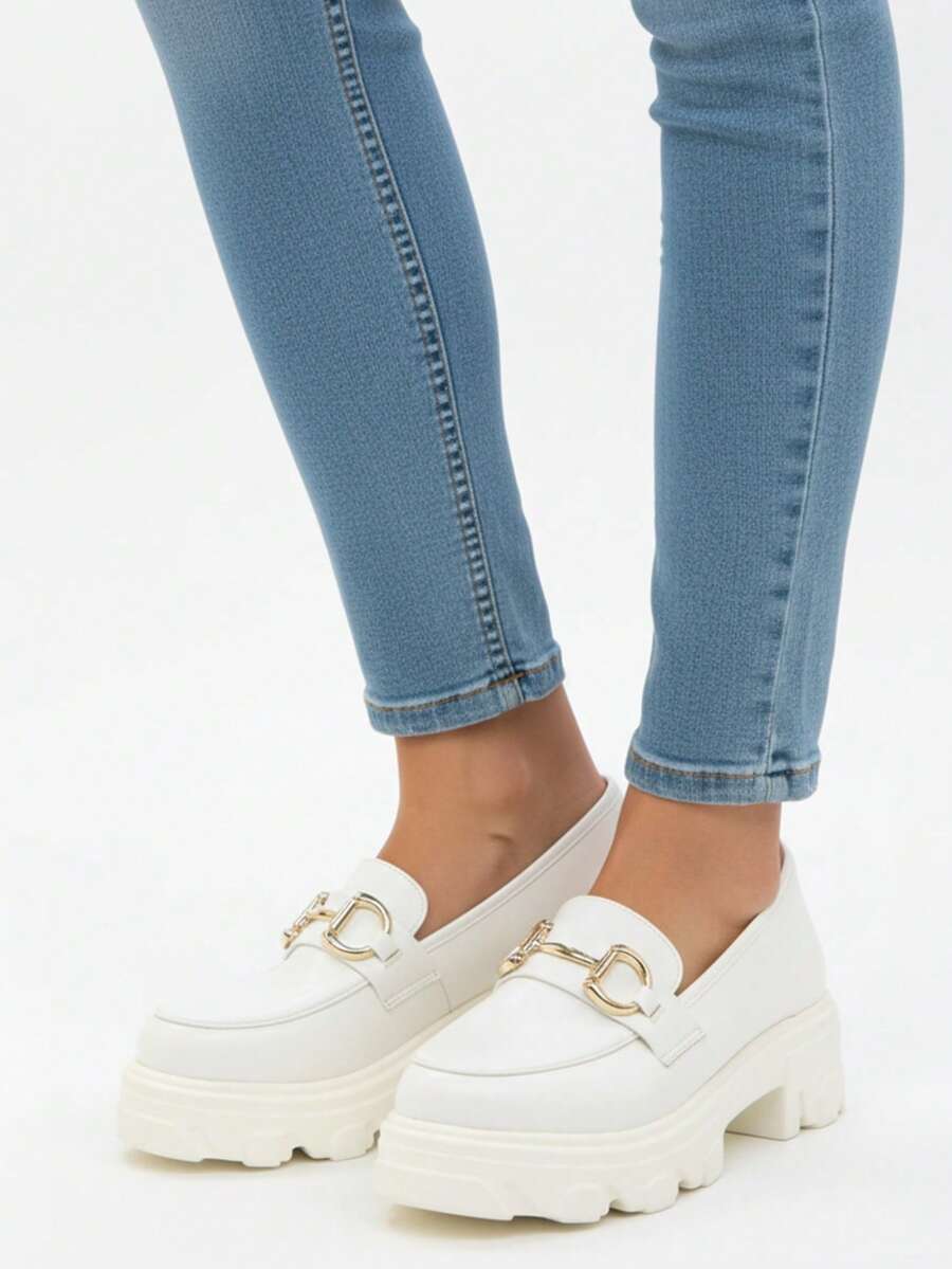 Giày lười đế kim loại đế thô thoải mái - trắng - Xem 1