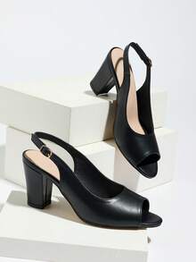 Giày cao gót hở mũi, gót dày, mũi tròn, quai mảnh, quai mắt cá chân cho nữ - màu đen - Xem 6