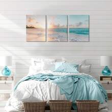 3 件海洋海滩日落帆布墙面艺术套装 - 现代农舍装饰，防水松木框架印刷品，适合客厅、卧室、家庭办公室 - 完美的礼物之选