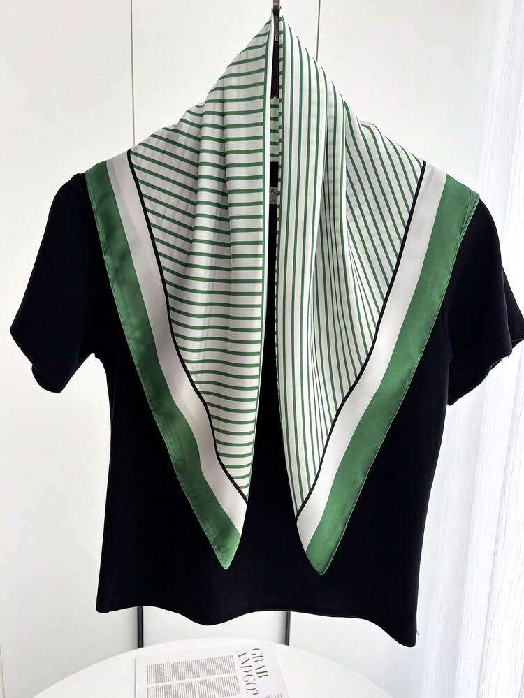 1pc Solid Color Neckerchief, Women's Small Shawl Scarf Headband, 70x70cm Square Headscarf - Green Lines - View 3