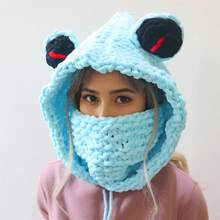 Women Hat Scarf Combo, Cute Frog Soft Warm Knit Balaclava Winter Neck Warmer Fashion Accessories - Blue - View 1