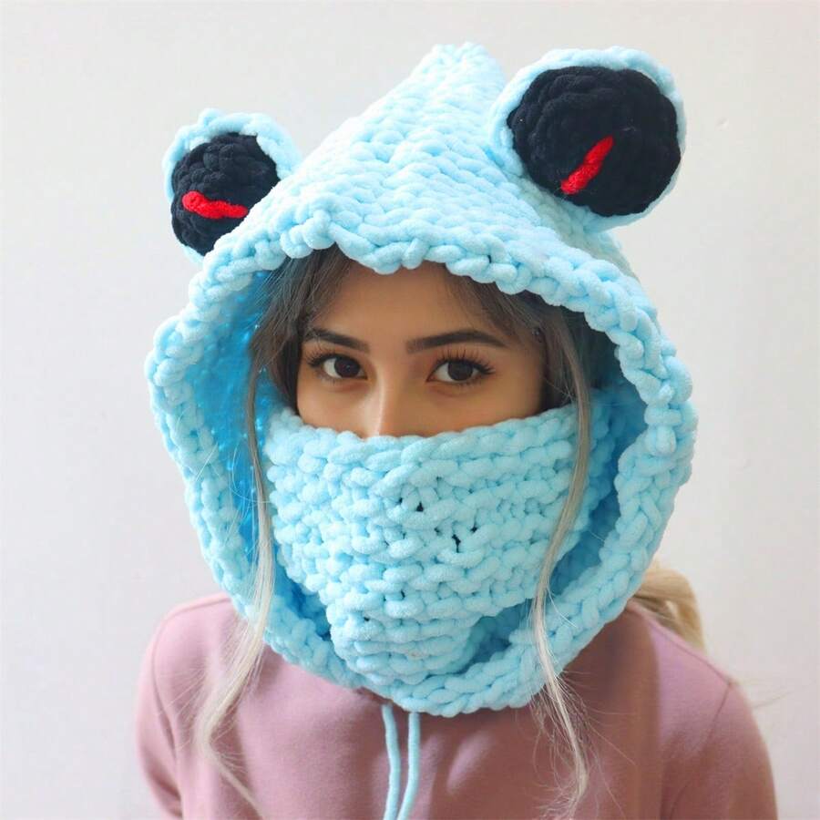 Women Hat Scarf Combo, Cute Frog Soft Warm Knit Balaclava Winter Neck Warmer Fashion Accessories - Blue - View 1