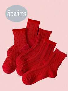 5 Pairs Women's Thick Red Mid-Calf Socks, Fashionable Red Mid-Calf Socks For Men, Suitable For Autumn/Winter, Weddings, Couples, New Year Christmas Gift - Red - View 5