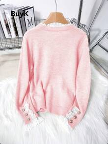 [Tops] BuyK Elegant Lace Trim Crew Neck Long Sleeve Knit Sweater For Women, Fashionable Gold Button Decor Blouse - Pink - View 3