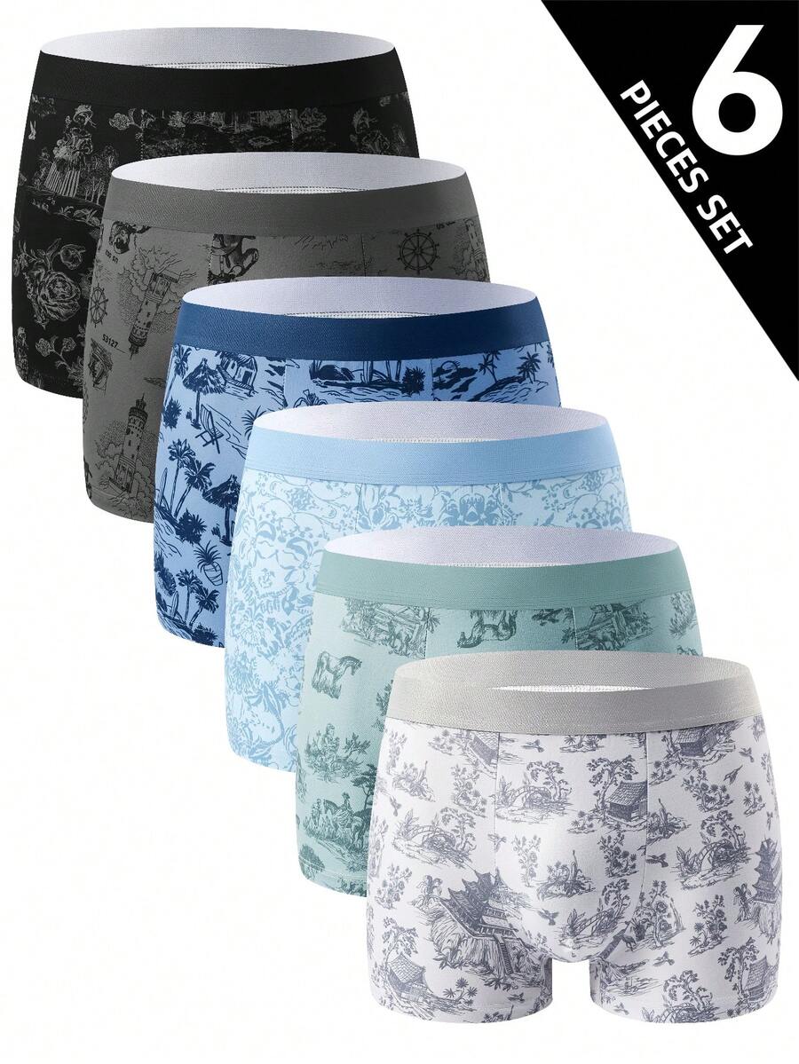6pcs Men's Underwear, Landscape Painting Print Series, Breathable Comfortable Boxer Briefs, Fashionable Sports Shorts, Men's Casual Durable Underwear For Daily Wear - Multicolor - View 1