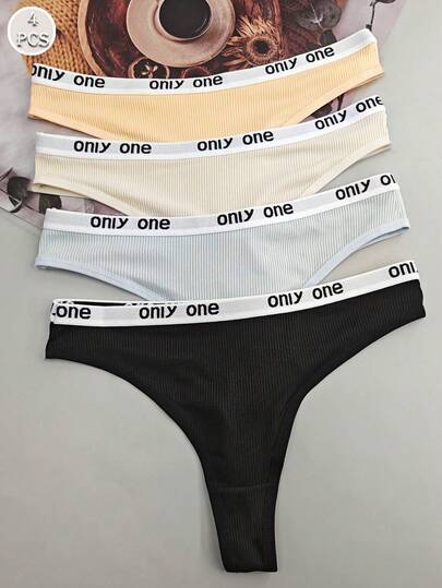 4pcs Women's Multicolor Letter Waist High Elasticity Comfortable Sports Fashion Thong Panties