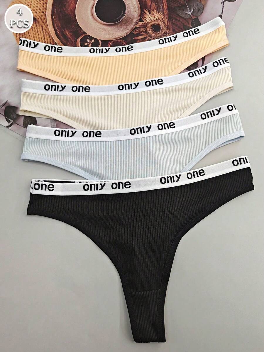 4pcs Women's Multicolor Letter Waist High Elasticity Comfortable Sports Fashion Thong Panties - Multicolor - View 1