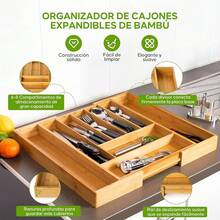 8 Compartimentos Bandeja para Cubiertos Expandible de Bambú,Organizador de Cocina Ajustable 100% de Bambú EcoFriendly,Bandeja de Madera para Cajón,Multiusos para Almacenar y Ordenar. - -3 - Ver 3
