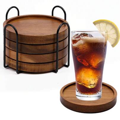 4pcs Wooden Coasters, Highly Absorbent With Holder, Suitable For Coffee Tables, Dining Tables, Effectively Protects Surfaces, Ideal For Farmhouses, Offices, Bars And More