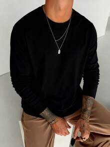 男士休闲纯色长袖T恤，日常叠穿必备，春秋季 - 黑色 - 查看 6