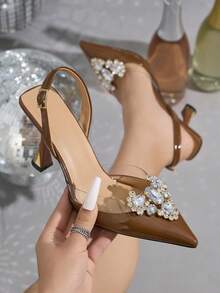 女士心形水钻装饰尖头金色高跟鞋，时尚套脚露趾后跟带高跟鞋，性感时尚PVC透明高跟鞋，优雅舒适，适合通勤、购物、派对、婚礼、正式场合，夏季PU棕色高跟鞋，奢华晚礼服高跟鞋，优雅女鞋，情人节心形水钻装饰魅力小猫跟鞋 - 棕色 - 查看 11