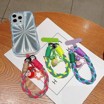 1pc Fashion Two-Tone Braided Wrist Strap With Cute Cartoon Fruit Pendant, Keychain Lanyard For Phone, Universal Short Woven Rope