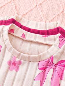 Chatreadl Juego de 6 piezas/3 sets de sudadera de manga larga y pantalones para niñas, con decoración de moño, textura acanalada, lindo, cálido y transpirable - Rosa Fucsia - Ver 4