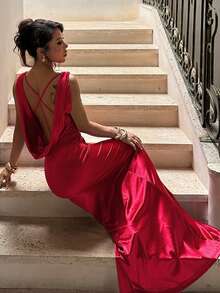 一件纯色优雅针织面料扭结露背交叉连衣裙，适合婚礼、返校节、派对、四季春季派对等场合。 - 紅色 - 查看 2