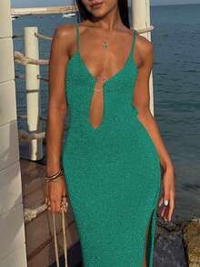 优雅女士春夏时尚日常休闲周末度假旅行沙滩连衣裙，优雅低领修身针织长裙，沙滩罩衫，纯色性感时尚春夏连衣裙，学生夏季连衣裙，情人节女士连衣裙 - 湖綠 - 查看 6