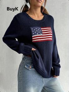 BuyK 复古美国国旗图案女式毛衣，秋冬新款时尚单品，街头风短款廓形，长袖针织设计，轻松打造时尚吸睛造型，适合欧美审美和风格。 - 寶藍色 - 查看 7